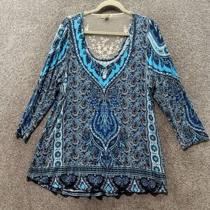 One World Tunic Top Women XL Blue Paisley Lace Back 3/4 Sleeve Keyhole Boho